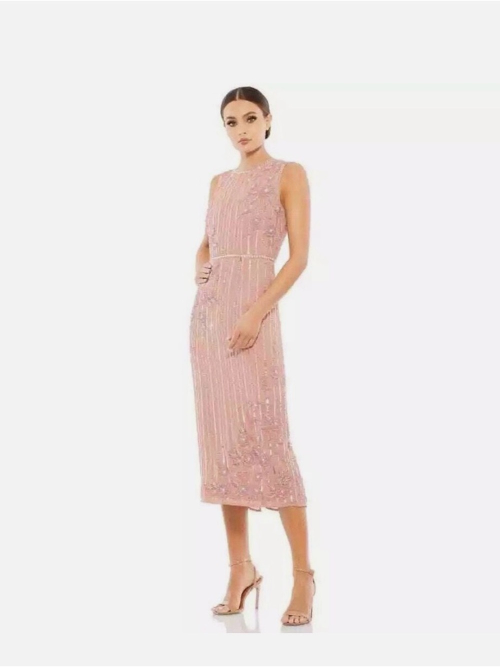 Mac Duggal Tea Length Beaded Embellished Midi Dress Jewel Blush Rose Size 16 NWT - Picture 4 of 16